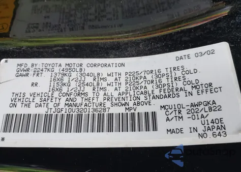 2002 Lexus Rx 300 from USA, damaged, VIN JTJGF10U320136287